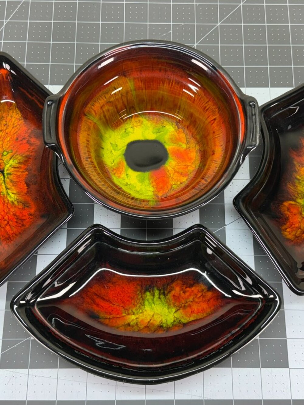 Vintage Mid Century Calif Originals Pottery 4pc Lazy Susan Chip Dip Set Lava Gla